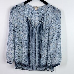 Lucky Brand blue floral sheer tasseled blouse size large